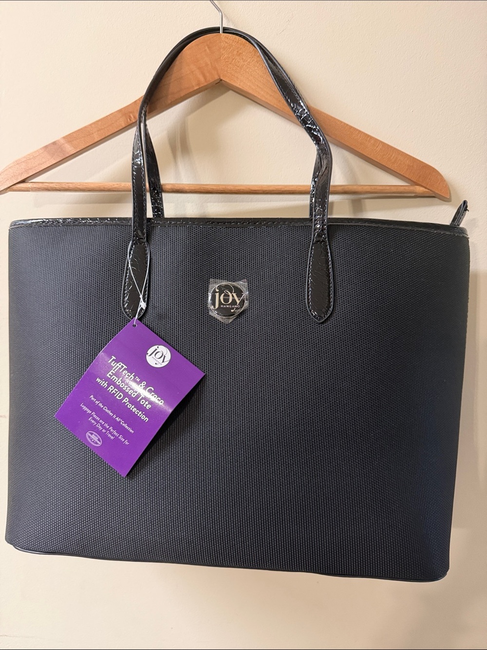 Joy Mangano Black Tote Bag with Patent Trim and Purple Tag